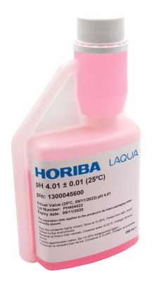 HORIBA pH 4.01 buffer solution, 250 ml transparent hygienic bottle with white cap and label